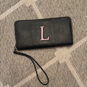 Black Wristlet Wallet with Pink Initial